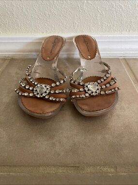 Beverly Feldman Tan Clear Slide Sandals with Rhinestones